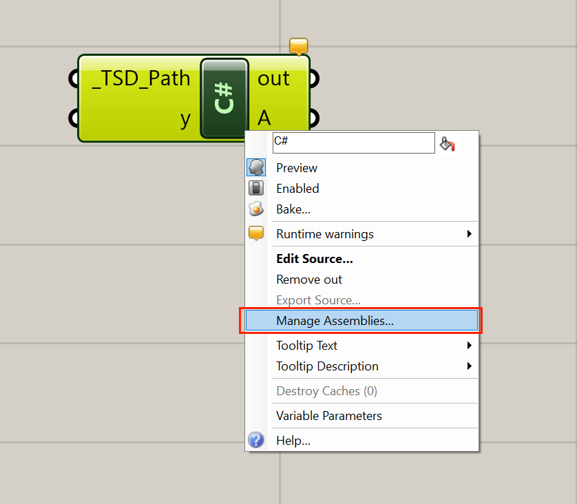 c# component context menu showing manage assemblies button.